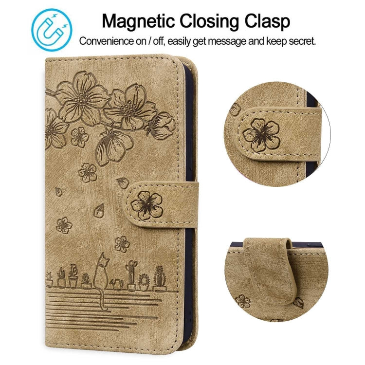 For Samsung Galaxy S23 5G Cartoon Sakura Cat Embossed Leather Phone Case