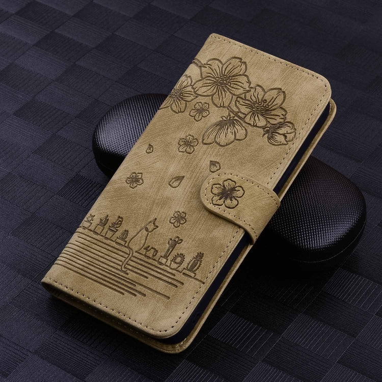 For Samsung Galaxy S23 5G Cartoon Sakura Cat Embossed Leather Phone Case