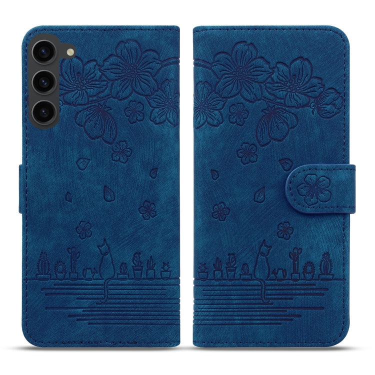 For Samsung Galaxy S23 5G Cartoon Sakura Cat Embossed Leather Phone Case