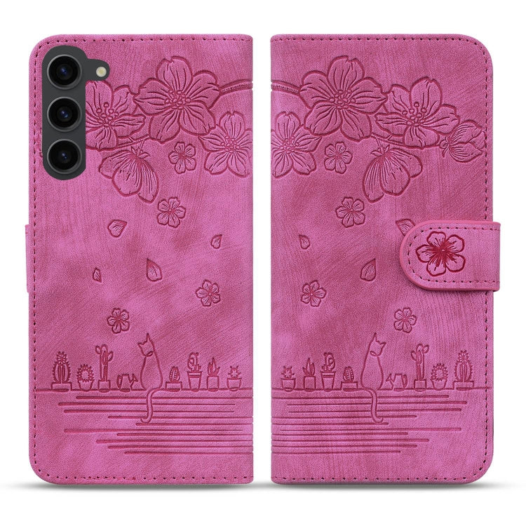 For Samsung Galaxy S23 5G Cartoon Sakura Cat Embossed Leather Phone Case