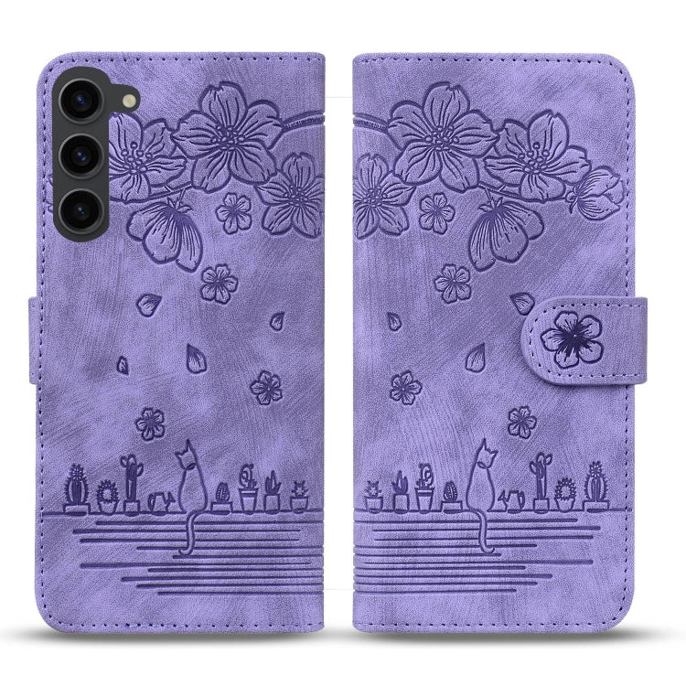For Samsung Galaxy S23 5G Cartoon Sakura Cat Embossed Leather Phone Case