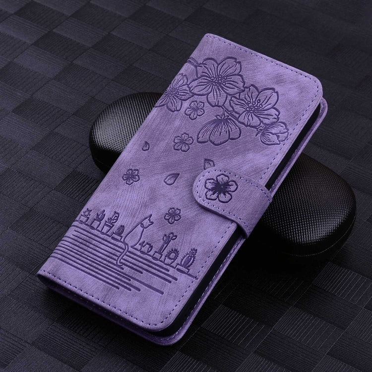 For Samsung Galaxy S23 5G Cartoon Sakura Cat Embossed Leather Phone Case