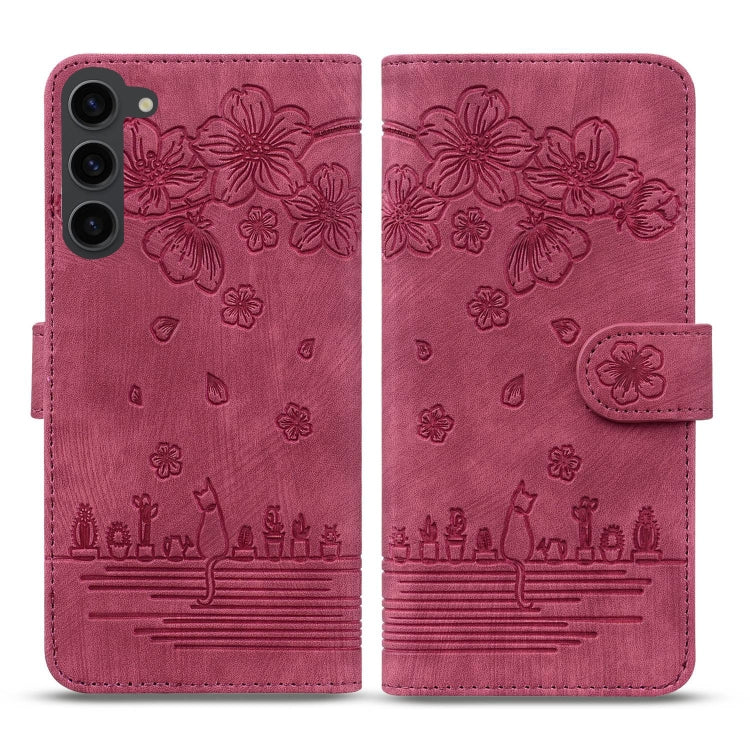 For Samsung Galaxy S23 5G Cartoon Sakura Cat Embossed Leather Phone Case