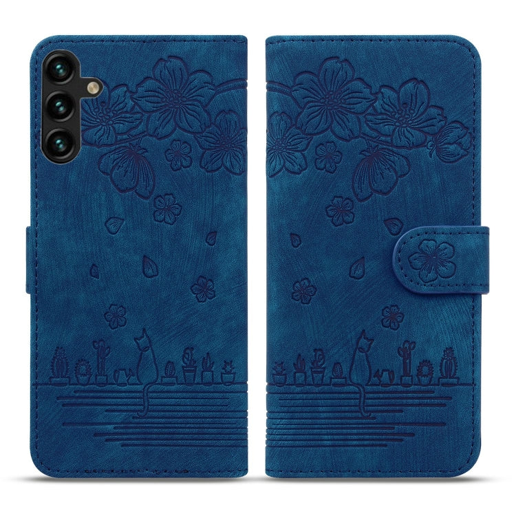 For Samsung Galaxy S23 FE 5G Cartoon Sakura Cat Embossed Leather Phone Case