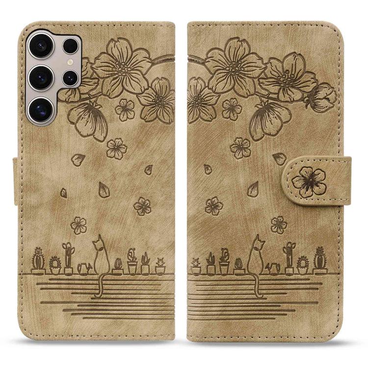 For Samsung Galaxy S25 Ultra 5G Cartoon Sakura Cat Embossed Leather Phone Case