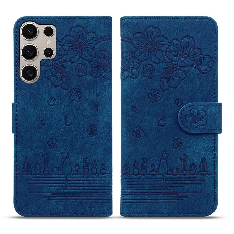 For Samsung Galaxy S25 Ultra 5G Cartoon Sakura Cat Embossed Leather Phone Case