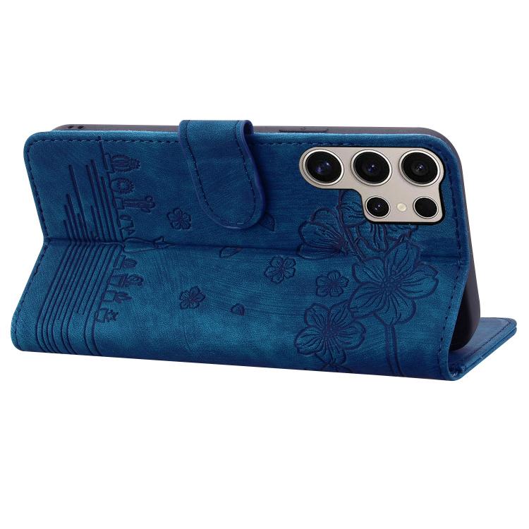 For Samsung Galaxy S25 Ultra 5G Cartoon Sakura Cat Embossed Leather Phone Case