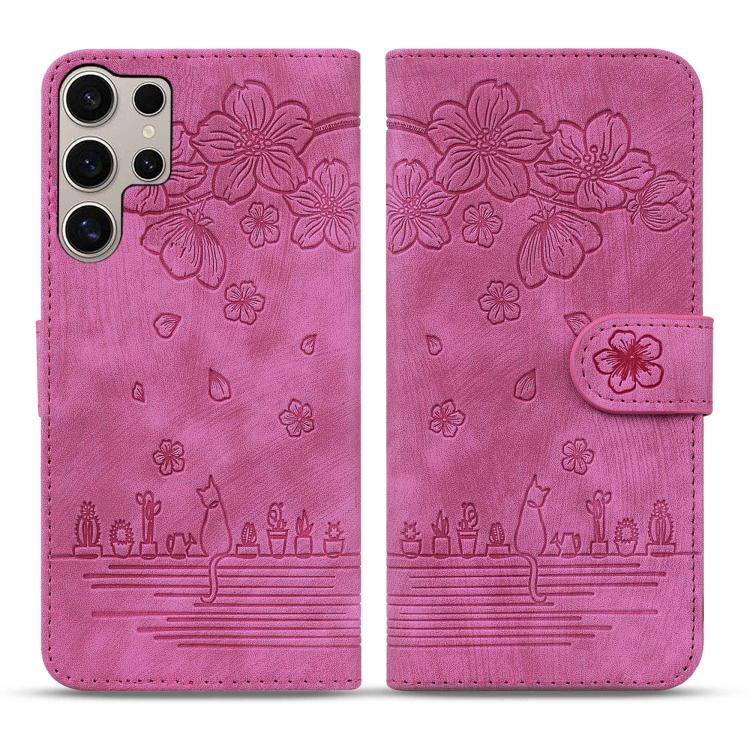 For Samsung Galaxy S25 Ultra 5G Cartoon Sakura Cat Embossed Leather Phone Case