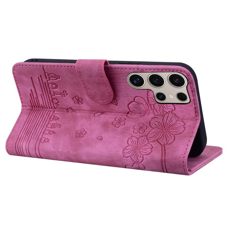 For Samsung Galaxy S25 Ultra 5G Cartoon Sakura Cat Embossed Leather Phone Case