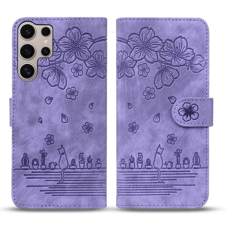 For Samsung Galaxy S25 Ultra 5G Cartoon Sakura Cat Embossed Leather Phone Case