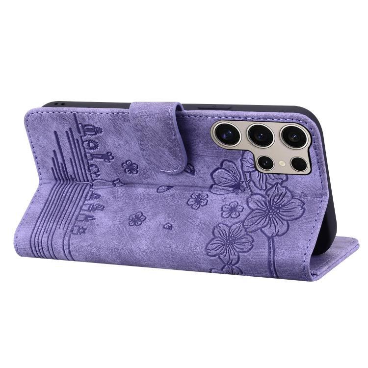 For Samsung Galaxy S25 Ultra 5G Cartoon Sakura Cat Embossed Leather Phone Case