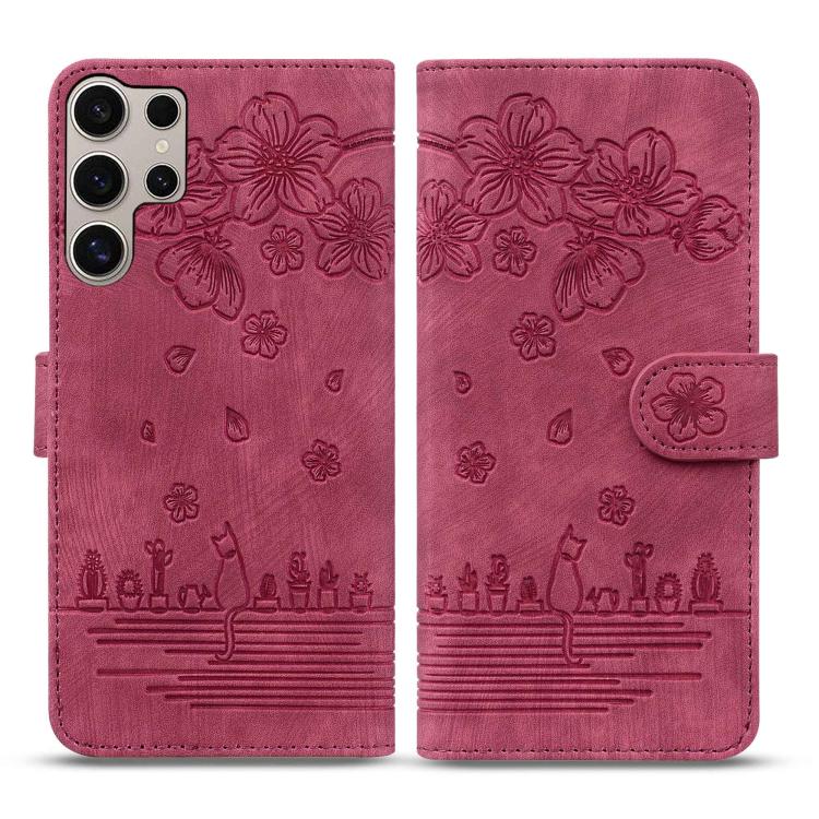 For Samsung Galaxy S25 Ultra 5G Cartoon Sakura Cat Embossed Leather Phone Case