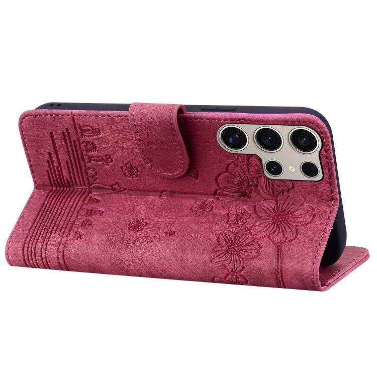 For Samsung Galaxy S25 Ultra 5G Cartoon Sakura Cat Embossed Leather Phone Case