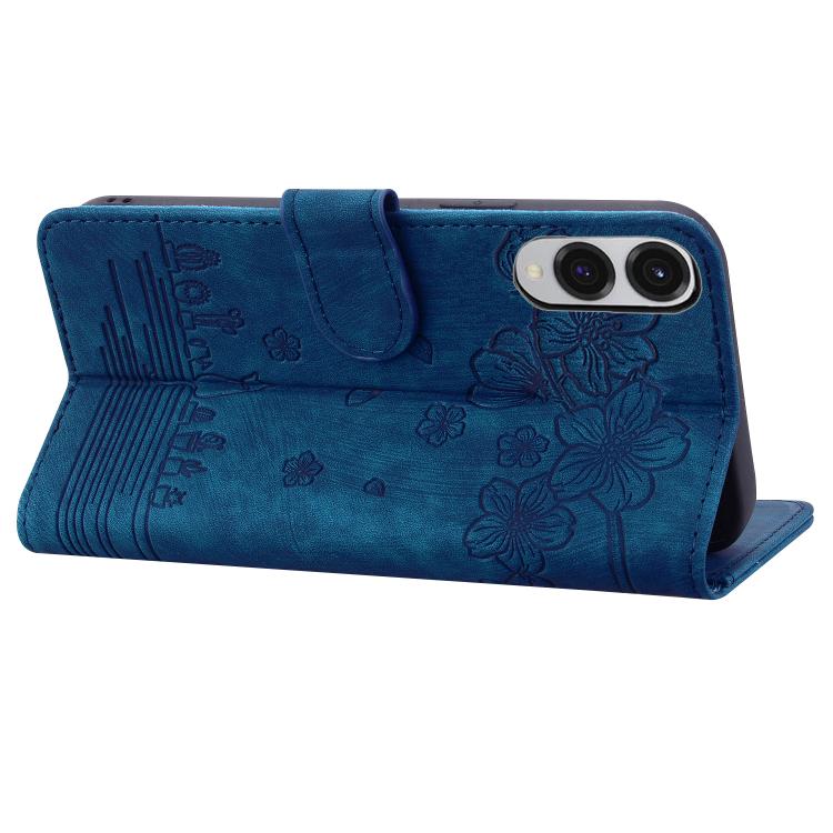 For Samsung Galaxy S25 Edge 5G Cartoon Sakura Cat Embossed Leather Phone Case