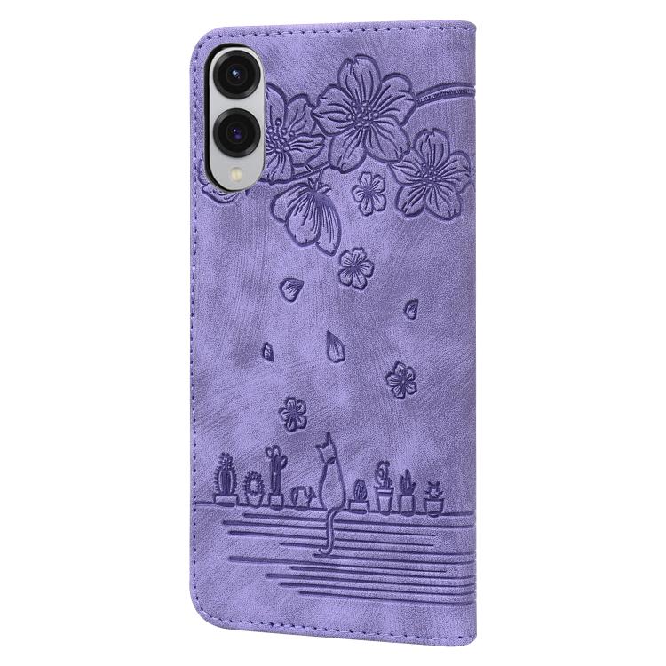 For Samsung Galaxy S25 Edge 5G Cartoon Sakura Cat Embossed Leather Phone Case