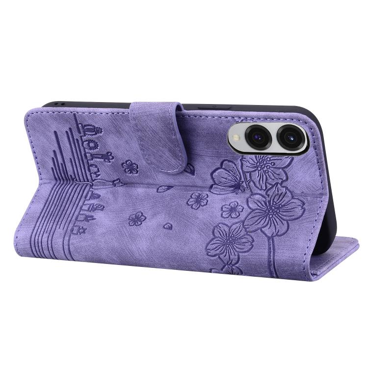 For Samsung Galaxy S25 Edge 5G Cartoon Sakura Cat Embossed Leather Phone Case