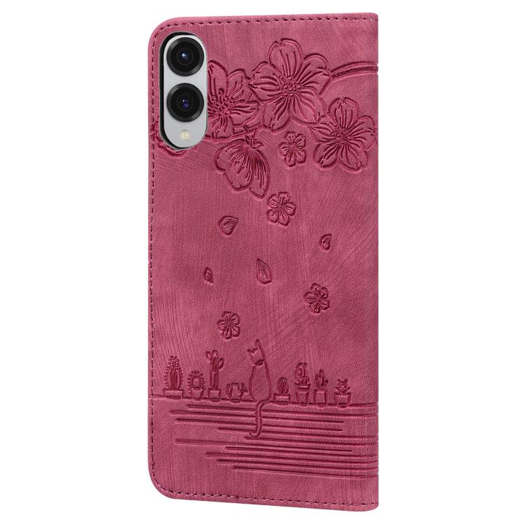 For Samsung Galaxy S25 Edge 5G Cartoon Sakura Cat Embossed Leather Phone Case