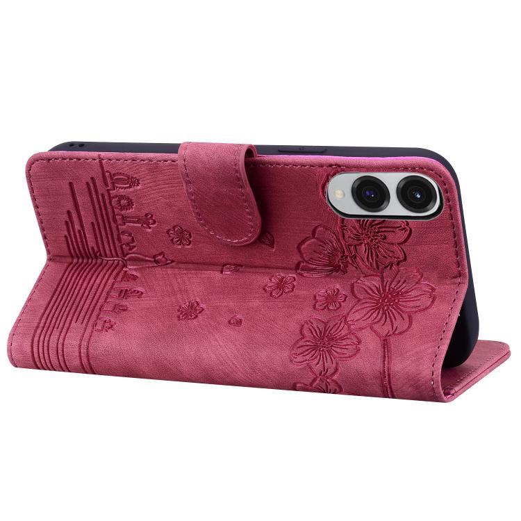 For Samsung Galaxy S25 Edge 5G Cartoon Sakura Cat Embossed Leather Phone Case