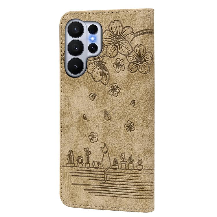 For Samsung Galaxy S26 Ultra 5G Cartoon Sakura Cat Embossed Leather Phone Case