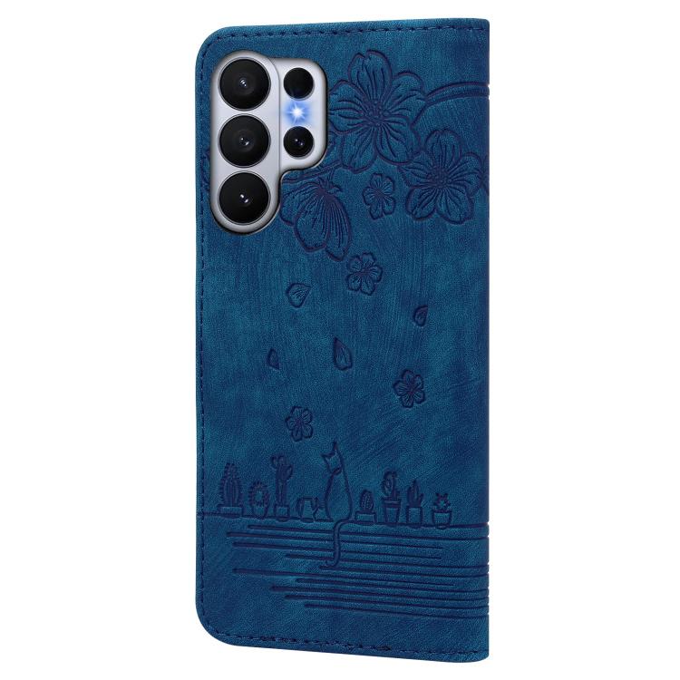 For Samsung Galaxy S26 Ultra 5G Cartoon Sakura Cat Embossed Leather Phone Case