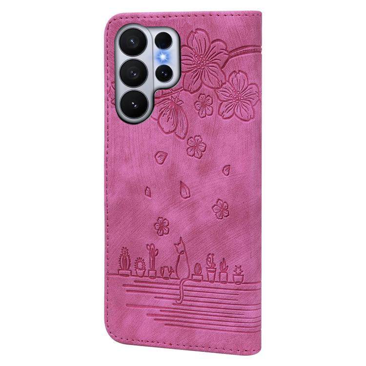 For Samsung Galaxy S26 Ultra 5G Cartoon Sakura Cat Embossed Leather Phone Case