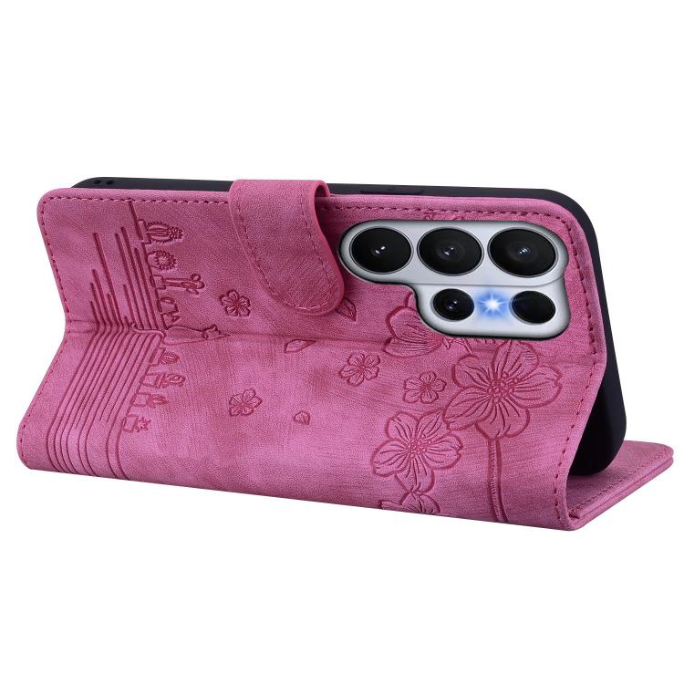 For Samsung Galaxy S26 Ultra 5G Cartoon Sakura Cat Embossed Leather Phone Case