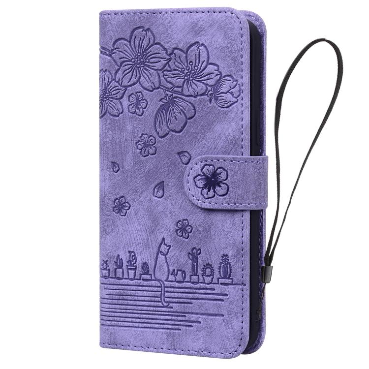 For Samsung Galaxy S26 Ultra 5G Cartoon Sakura Cat Embossed Leather Phone Case