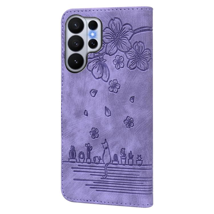 For Samsung Galaxy S26 Ultra 5G Cartoon Sakura Cat Embossed Leather Phone Case