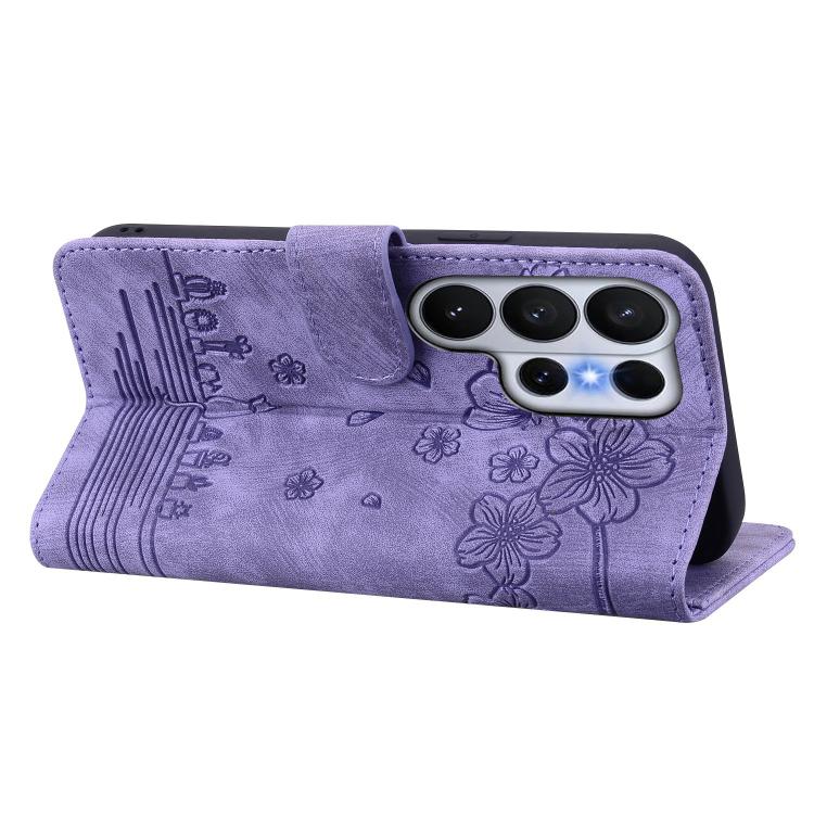 For Samsung Galaxy S26 Ultra 5G Cartoon Sakura Cat Embossed Leather Phone Case