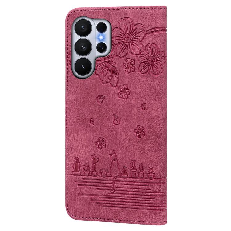 For Samsung Galaxy S26 Ultra 5G Cartoon Sakura Cat Embossed Leather Phone Case