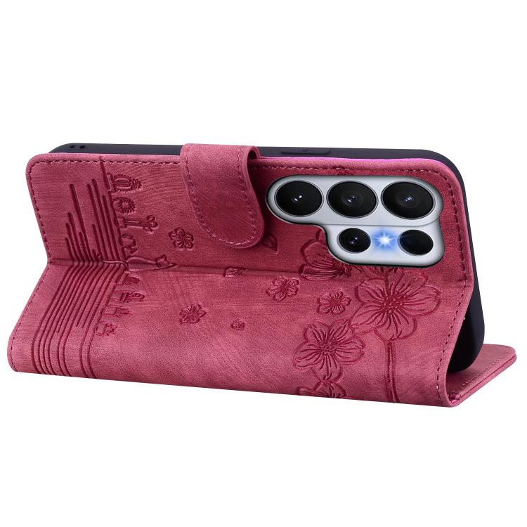 For Samsung Galaxy S26 Ultra 5G Cartoon Sakura Cat Embossed Leather Phone Case