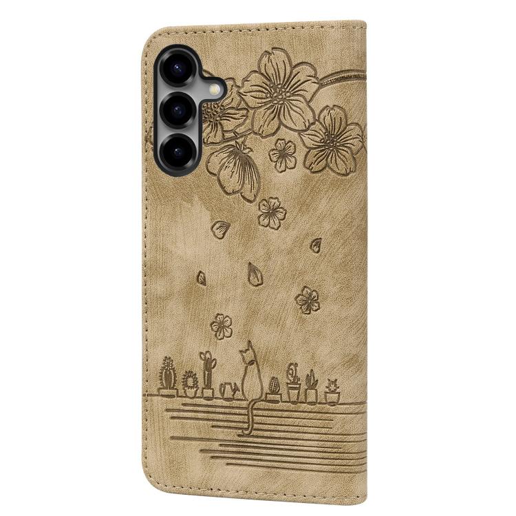 For Samsung Galaxy S26+ 5G Cartoon Sakura Cat Embossed Leather Phone Case