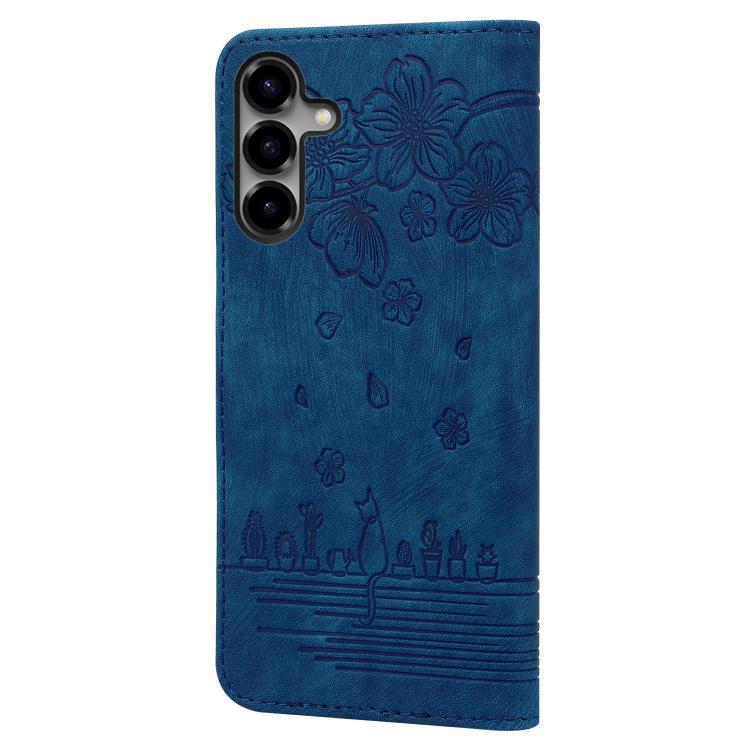 For Samsung Galaxy S26+ 5G Cartoon Sakura Cat Embossed Leather Phone Case