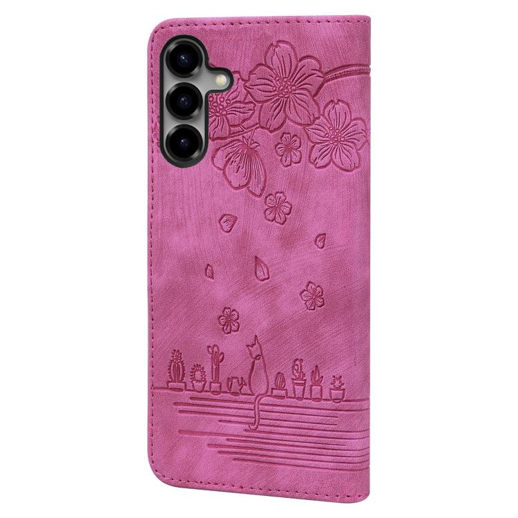 For Samsung Galaxy S26+ 5G Cartoon Sakura Cat Embossed Leather Phone Case