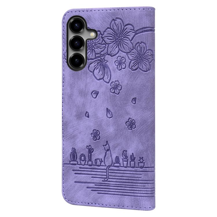 For Samsung Galaxy S26+ 5G Cartoon Sakura Cat Embossed Leather Phone Case