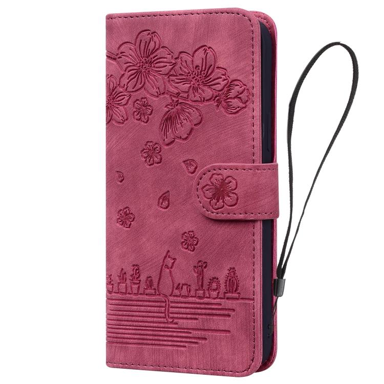 For Samsung Galaxy S26+ 5G Cartoon Sakura Cat Embossed Leather Phone Case