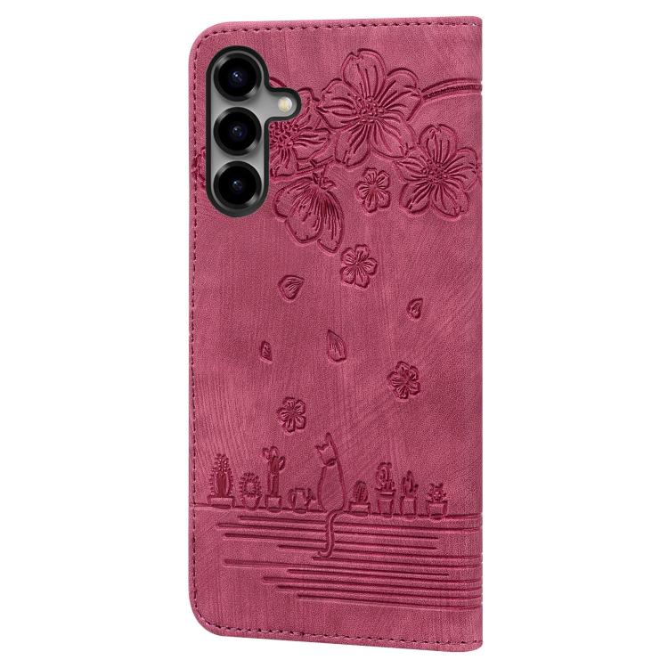 For Samsung Galaxy S26+ 5G Cartoon Sakura Cat Embossed Leather Phone Case