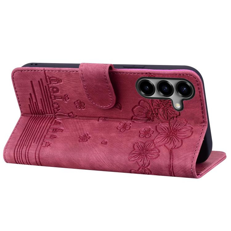 For Samsung Galaxy S26+ 5G Cartoon Sakura Cat Embossed Leather Phone Case