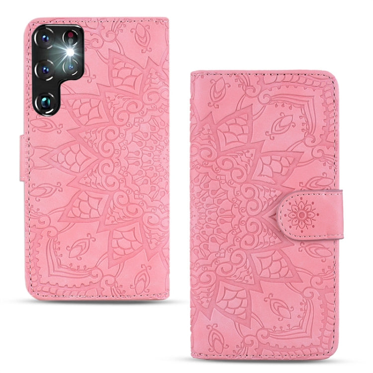 For Samsung Galaxy S24 Ultra 5G Mandala Embossed Dual-Fold Calf Leather Phone Case