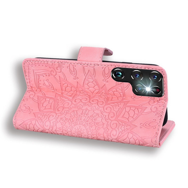 For Samsung Galaxy S24 Ultra 5G Mandala Embossed Dual-Fold Calf Leather Phone Case
