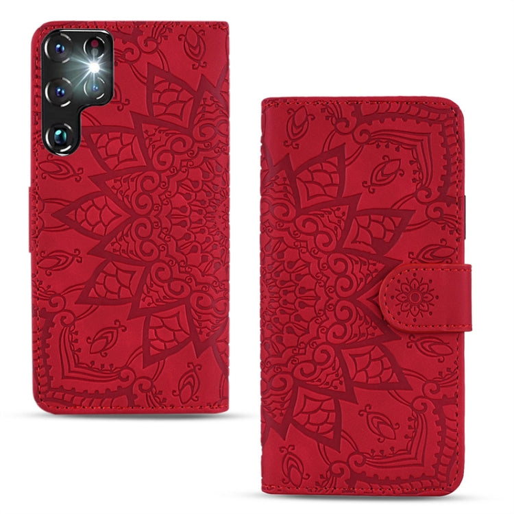 For Samsung Galaxy S24 Ultra 5G Mandala Embossed Dual-Fold Calf Leather Phone Case