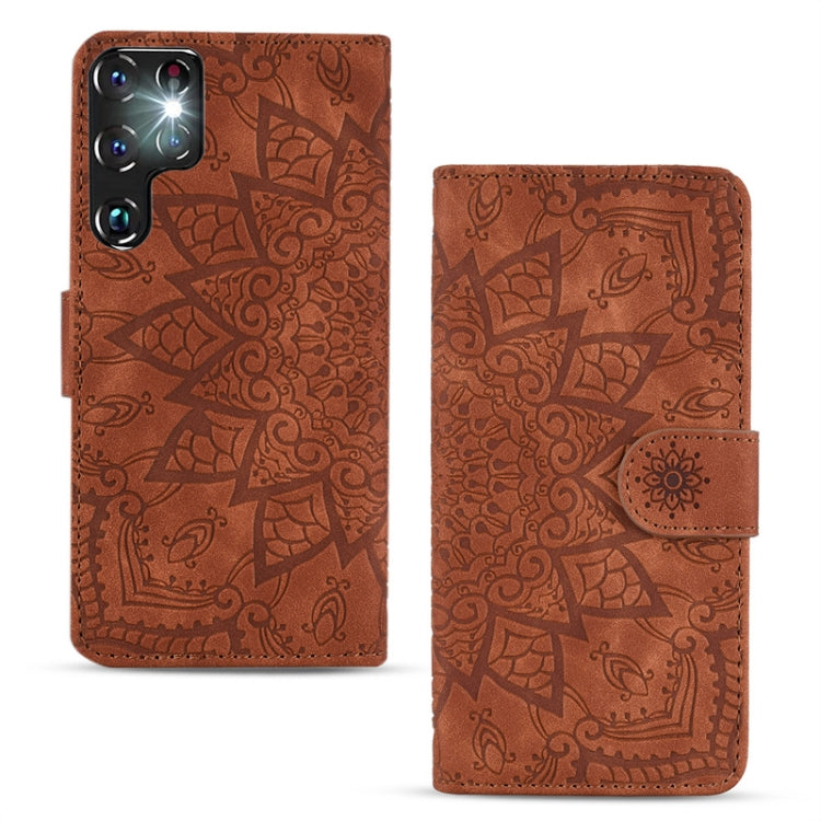 For Samsung Galaxy S23 Ultra 5G Mandala Embossed Dual-Fold Calf Leather Phone Case