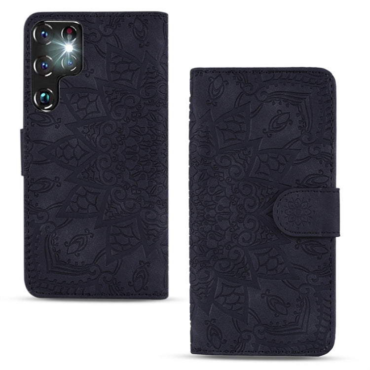 For Samsung Galaxy S23 Ultra 5G Mandala Embossed Dual-Fold Calf Leather Phone Case