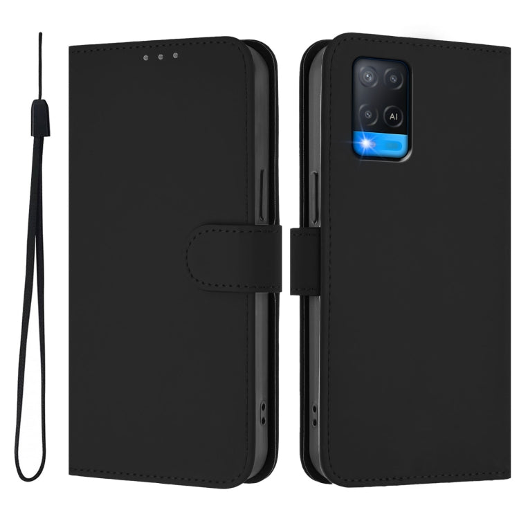 For OPPO A54 4G / A54s / A55 5G Skin Feel Solid Color Leather Phone Case with Lanyard