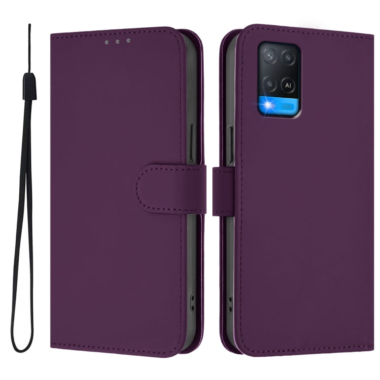 For OPPO A54 4G / A54s / A55 5G Skin Feel Solid Color Leather Phone Case with Lanyard