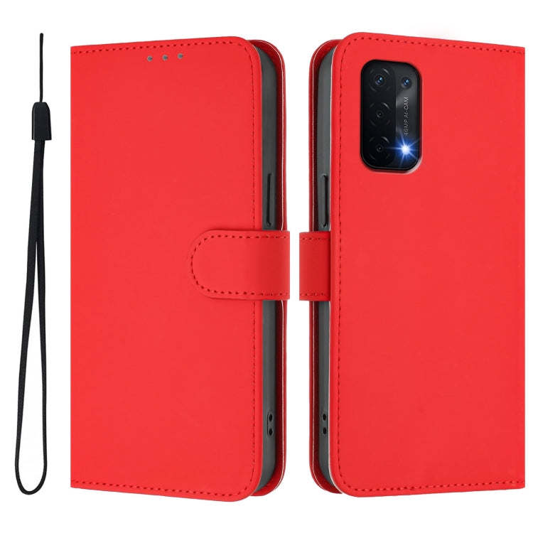 For OPPO A54 5G / A74 5G Skin Feel Solid Color Leather Phone Case with Lanyard