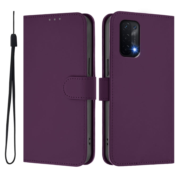 For OPPO A54 5G / A74 5G Skin Feel Solid Color Leather Phone Case with Lanyard