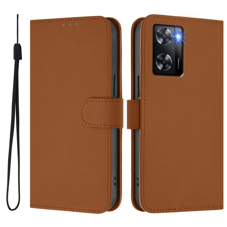 For OPPO A57 4G Global Skin Feel Solid Color Leather Phone Case with Lanyard