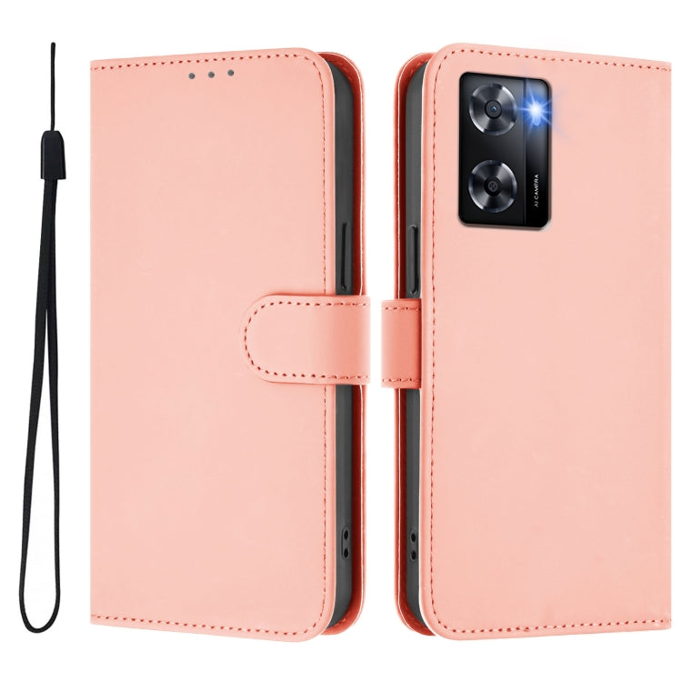 For OPPO A57 4G Global Skin Feel Solid Color Leather Phone Case with Lanyard