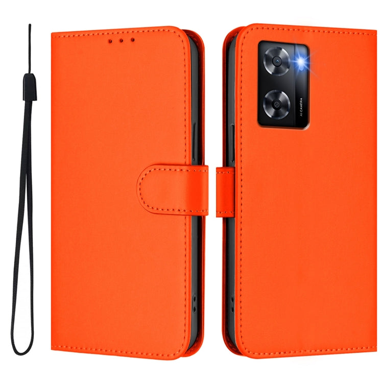 For OPPO A57 4G Global Skin Feel Solid Color Leather Phone Case with Lanyard